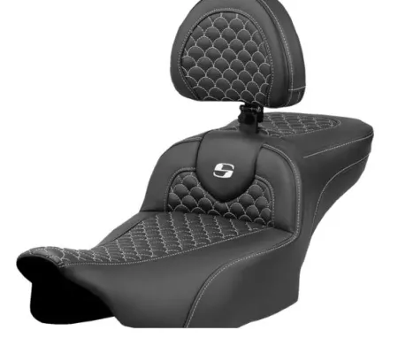 Saddlemen Extended Reach Dragon Scale Stitched Roadsofa Seat With Drivers Backrest With White Stitching For Harley Davidson 2023-2025 Touring FLHX Street Glide & FLTR Road Glide Models (823-07-209B6)