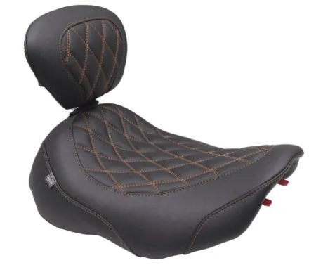 Mustang Wide Tripper Double Diamond Solo Seat With Drivers Backrest In Black With Mandarin Orange Stitching For Harley Davidson 2023-2025 Touring FLHX Street Glide & FLTR Road Glide Models (89503MO)