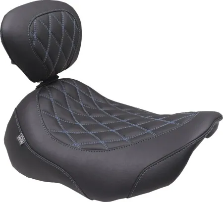 Mustang Wide Tripper Double Diamond Solo Seat With Drivers Backrest In Black With Sky Blue Stitching For Harley Davidson 2023-2025 Touring FLHX Street Glide & FLTR Road Glide Models (89503SB)