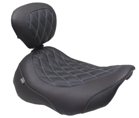 Mustang Wide Tripper Double Diamond Solo Seat With Drivers Backrest In Black With Sky Blue Stitching For Harley Davidson 2023-2025 Touring FLHX Street Glide & FLTR Road Glide Models (89503SB)
