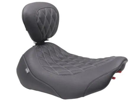Mustang Wide Tripper Double Diamond Solo Seat With Drivers Backrest In Black With Gun Metal Grey Stitching For Harley Davidson 2023-2025 Touring FLHX Street Glide & FLTR Road Glide Models (89503GM)