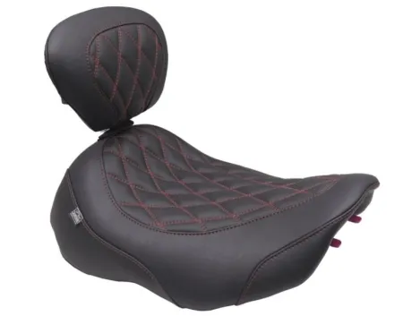 Mustang Wide Tripper Double Diamond Solo Seat With Drivers Backrest In Black With Dark Cherry Stitching For Harley Davidson 2023-2025 Touring FLHX Street Glide & FLTR Road Glide Models (89503DC)