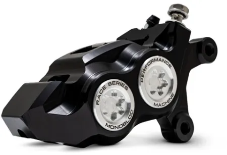 Performance Machine Front Right Race Series 4-Piston Monobloc Caliper In Black Anodised With Raw Machined Finish For Harley Davidson 2008-2024 Models (0053-2958-MC)
