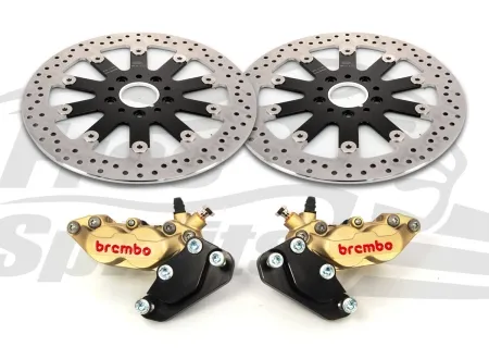 Free Spirits Complete 4 Piston Caliper & 320mm Rotors Kit In Gold For Harley Davidson Touring Models (203914GK)