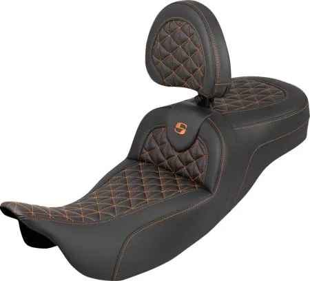 Saddlemen Extended Reach Tri-Gripper RoadSofa Seat With Orange Stitching With Drivers Backrest Harley Davidson 2008-2024 FLHR, FLHT, FLHX & FLTR Touring Models (Does Not Fit 2023-2024 CVO Models) (808-07B-211B3)