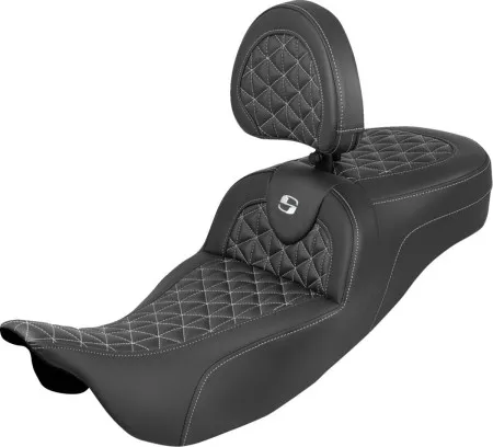 Saddlemen Extended Reach Tri-Gripper RoadSofa Seat With White Stitching With Drivers Backrest Harley Davidson 2008-2024 FLHR, FLHT, FLHX & FLTR Touring Models (Does Not Fit 2023-2024 CVO Models) (808-07B-211B6)