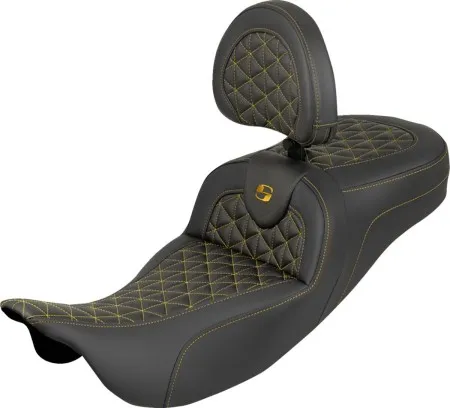 Saddlemen Extended Reach Tri-Gripper RoadSofa Seat With Gold Stitching With Drivers Backrest Harley Davidson 2008-2024 FLHR, FLHT, FLHX & FLTR Touring Models (Does Not Fit 2023-2024 CVO Models) (808-07B-211B7)