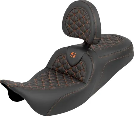 Saddlemen Standard Reach Tri-Gripper RoadSofa Seat With Orange Stitching With Drivers Backrest Harley Davidson 2008-2024 FLHR, FLHT, FLHX & FLTR Touring Models (808-07B-210B3)