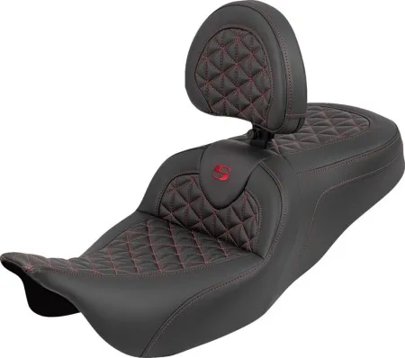 Saddlemen Standard Reach Tri-Gripper RoadSofa Seat With Red Stitching With Drivers Backrest Harley Davidson 2008-2024 FLHR, FLHT, FLHX & FLTR Touring Models (808-07B-210B4)