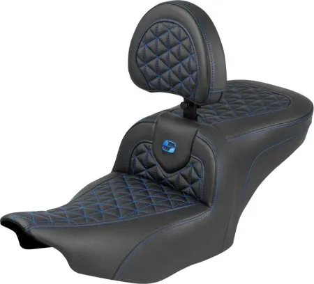 Saddlemen Standard Reach Tri-Gripper RoadSofa Seat With Blue Stitching With Drivers Backrest Harley Davidson 2024-2026 Road Glide/Street Glide & 2023-2026 CVO Road Glide/Street Glide Models (823-07-210B1)