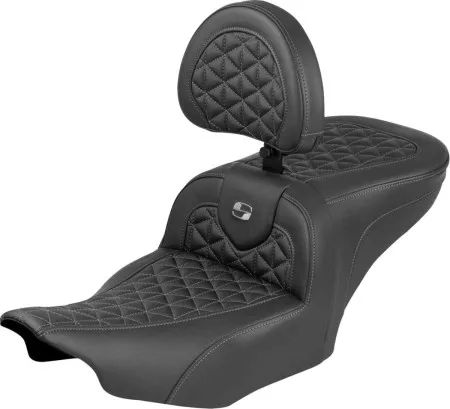 Saddlemen Standard Reach Tri-Gripper RoadSofa Seat With Grey Stitching With Drivers Backrest Harley Davidson 2024-2026 Road Glide/Street Glide & 2023-2026 CVO Road Glide/Street Glide Models (823-07-210B2)