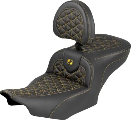 Saddlemen Standard Reach Tri-Gripper RoadSofa Seat With Gold Stitching With Drivers Backrest Harley Davidson 2024-2026 Road Glide/Street Glide & 2023-2026 CVO Road Glide/Street Glide Models (823-07-210B7)