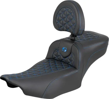 Saddlemen Extended Reach Tri-Gripper RoadSofa Seat With Blue Stitching With Drivers Backrest Harley Davidson 2024-2026 Road Glide/Street Glide & 2023-2026 CVO Road Glide/Street Glide Models (823-07-211B1)