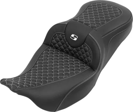 Saddlemen Dragon Stitched Roadsofa Seat With White Stitching Without Drivers Backrest For Harley Davidson 2008-2024 FLHR, FLHT, FLHX & FLTR Touring Models (Does Not Fit 2023-2024 CVO Models) (808-07B-20806)