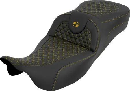 Saddlemen Extended Reach Dragon Stitched Roadsofa Seat With Gold Stitching Without Drivers Backrest For Harley Davidson 2008-2024 FLHR, FLHT, FLHX & FLTR Touring Models (Does Not Fit 2023-2024 CVO Models) (808-07B-20907)