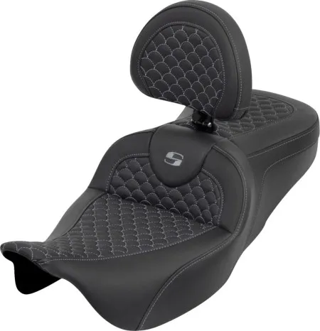 Saddlemen Dragon Scale RoadSofa Seat With Grey Stitching With Drivers Backrest For Harley Davidson 2008-2024 FLHR, FLHT, FLHX & FLTR Touring Models (Does Not Fit 2023-2024 CVO Models) (808-07B-208B2)