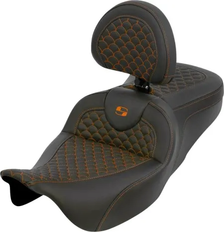 Saddlemen Dragon Scale RoadSofa Seat With Orange Stitching With Drivers Backrest For Harley Davidson 2008-2024 FLHR, FLHT, FLHX & FLTR Touring Models (Does Not Fit 2023-2024 CVO Models) (808-07B-208B3)