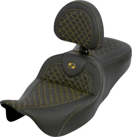 Saddlemen Dragon Scale RoadSofa Seat With Gold Stitching With Drivers Backrest For Harley Davidson 2008-2024 FLHR, FLHT, FLHX & FLTR Touring Models (Does Not Fit 2023-2024 CVO Models) (808-07B-208B7)