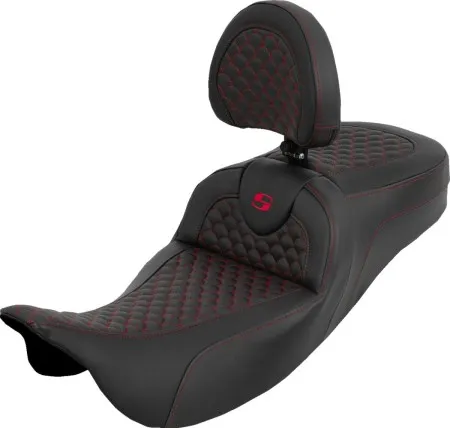 Saddlemen Extended Reach Dragon Scale RoadSofa Seat With Red Stitching With Drivers Backrest For Harley Davidson 2008-2024 FLHR, FLHT, FLHX & FLTR Touring Models (Does Not Fit 2023-2024 CVO Models) (808-07B-209B4)