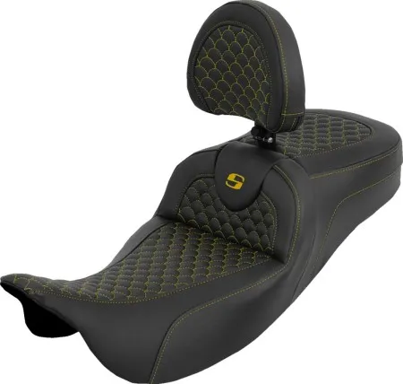 Saddlemen Extended Reach Dragon Scale RoadSofa Seat With Gold Stitching With Drivers Backrest For Harley Davidson 2008-2024 FLHR, FLHT, FLHX & FLTR Touring Models (Does Not Fit 2023-2024 CVO Models) (808-07B-209B7)