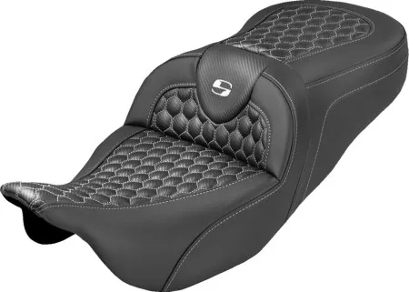 Saddlemen Extended Reach Honeycomb Roadsofa Seat With White Stitching Without Drivers Backrest For Harley Davidson 2008-2024 FLHR, FLHT, FLHX & FLTR Touring Models (Does Not Fit 2023-2024 CVO Models) (808-07B-19006)
