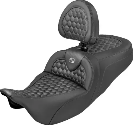 Saddlemen Extended Reach Honeycomb Roadsofa Seat With Grey Stitching With Drivers Backrest For Harley Davidson 2008-2024 FLHR, FLHT, FLHX & FLTR Touring Models (Does Not Fit 2023-2024 CVO Models) (808-07B-190B2)