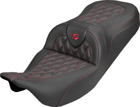 Saddlemen Carbon Fiber Lattice Stitched Roadsofa Seat With Red Stitching Without Backrest For Harley Davidson 2008-2024 FLHR, FLHT, FLHX & FLTR Touring Models (Does Not Fit 2023-2024 CVO Models) (808-07B-20604)