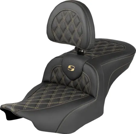 Saddlemen Lattice Stitched Roadsofa Seat With Gold Stitching With Drivers Backrest For Harley Davidson 2024-2026 Road Glide/Street Glide & 2023-2026 CVO Road Glide/Street Glide Models (823-07-182B7)