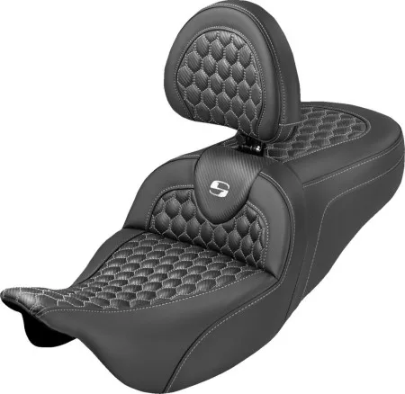 Saddlemen Honeycomb Roadsofa Seat With White Stitching With Drivers Backrest For Harley Davidson 2008-2024 FLHR, FLHT, FLHX & FLTR Touring Models (Does Not Fit 2023-2024 CVO Models) (808-07B-189B6)