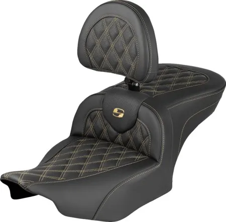 Saddlemen Extended Reach Roadsofa Seat With Gold Stitching With Drivers Backrest For Harley Davidson 2024-2026 Road Glide/Street Glide & 2023-2026 CVO Road Glide/Street Glide Models (823-07-184B7)