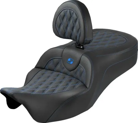 Saddlemen Lattice Stitched Roadsofa King Seat With Blue Stitching With Drivers Backrest For Harley Davidson 2008-2024 FLHR, FLHT, FLHX & FLTR Touring Models (Does Not Fit 2023-2025 CVO Models) (808-07B-182SB1)