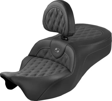 Saddlemen Lattice Stitched Roadsofa King Seat With Grey Stitching With Drivers Backrest For Harley Davidson 2008-2024 FLHR, FLHT, FLHX & FLTR Touring Models (Does Not Fit 2023-2025 CVO Models) (808-07B-182SB2)