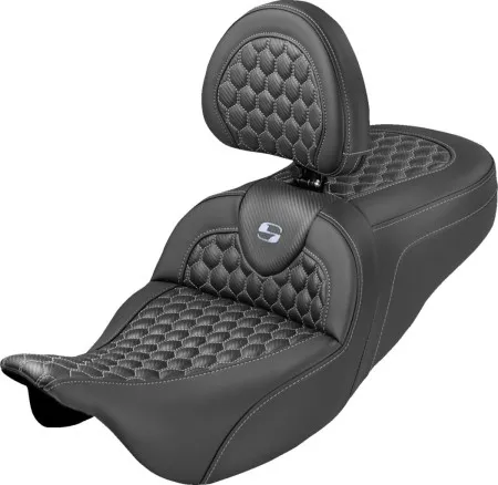 Saddlemen Honeycomb Roadsofa Seat With Silver Stitching With Drivers Backrest For Harley Davidson 2008-2024 FLHR, FLHT, FLHX & FLTR Touring Models (Does Not Fit 2023-2025 CVO Models) (808-07B-189B5)