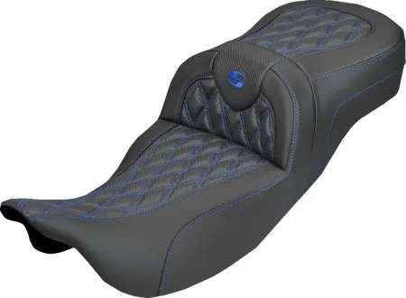 Saddlemen Extended Reach Carbon Fiber Lattice Stitched Roadsofa Seat With Blue Stitching For Harley Davidson 2008-2025 FLHR, FLHT, FLHX & FLTR Touring Models (Does Not Fit 2023-2025 CVO Models) (808-07B-20701)