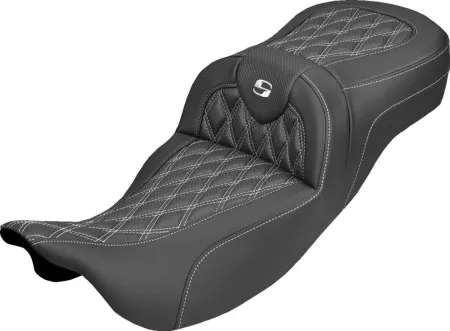 Saddlemen Extended Reach Carbon Fiber Lattice Stitched Roadsofa Seat With White Stitching For Harley Davidson 2008-2025 FLHR, FLHT, FLHX & FLTR Touring Models (Does Not Fit 2023-2025 CVO Models) (808-07B-20706)
