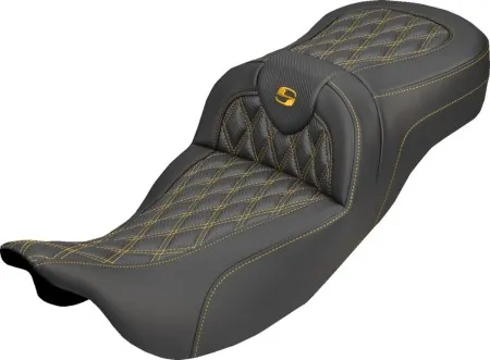 Saddlemen Extended Reach Carbon Fiber Lattice Stitched Roadsofa Seat With Gold Stitching For Harley Davidson 2008-2025 FLHR, FLHT, FLHX & FLTR Touring Models (Does Not Fit 2023-2025 CVO Models) (808-07B-20707)