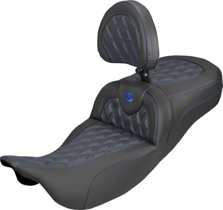 Saddlemen Extended Reach Carbon Fiber Lattice Stitched Roadsofa Seat With Blue Stitching With Drivers Backrest For Harley Davidson 2008-2024 FLHR, FLHT, FLHX & FLTR Touring Models (Does Not Fit 2023-2025 CVO Models) (808-07B-207B1)