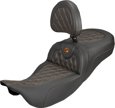 Saddlemen Extended Reach Carbon Fiber Lattice Stitched Roadsofa Seat With Orange Stitching With Drivers Backrest For Harley Davidson 2008-2024 FLHR, FLHT, FLHX & FLTR Touring Models (Does Not Fit 2023-2025 CVO Models) (808-07B-207B3)