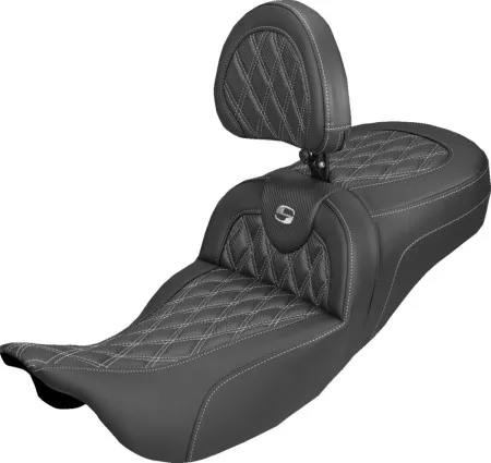 Saddlemen Extended Reach Carbon Fiber Lattice Stitched Roadsofa Seat With Silver Stitching With Drivers Backrest For Harley Davidson 2008-2024 FLHR, FLHT, FLHX & FLTR Touring Models (Does Not Fit 2023-2025 CVO Models) (808-07B-207B5)