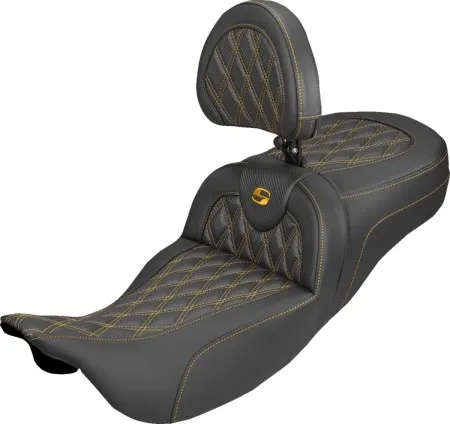 Saddlemen Extended Reach Carbon Fiber Lattice Stitched Roadsofa Seat With Gold Stitching With Drivers Backrest For Harley Davidson 2008-2024 FLHR, FLHT, FLHX & FLTR Touring Models (Does Not Fit 2023-2025 CVO Models) (808-07B-207B7)