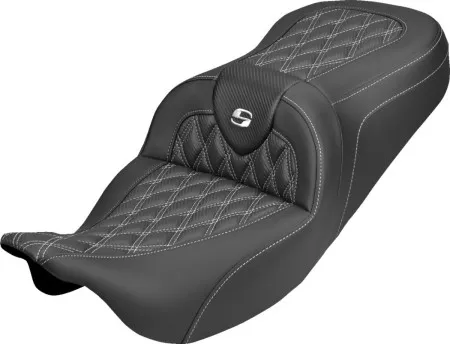 Saddlemen Standard Reach Carbon Fiber Lattice Stitched Roadsofa Seat With White Stitching For Harley Davidson 2008-2025 FLHR, FLHT, FLHX & FLTR Touring Models (Does Not Fit 2023-2025 CVO Models) (808-07B-20606)