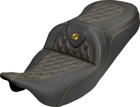 Saddlemen Standard Reach Carbon Fiber Lattice Stitched Roadsofa Seat With Gold Stitching For Harley Davidson 2008-2025 FLHR, FLHT, FLHX & FLTR Touring Models (Does Not Fit 2023-2025 CVO Models) (808-07B-20607)