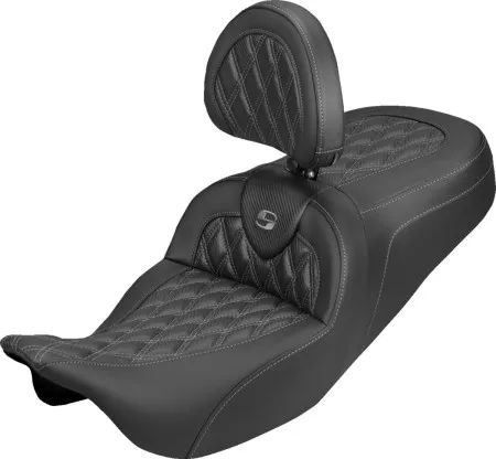 Saddlemen Standard Reach Carbon Fiber Lattice Stitched Roadsofa Seat With Grey Stitching With Drivers Backrest For Harley Davidson 2008-2024 FLHR, FLHT, FLHX & FLTR Touring Models (Does Not Fit 2023-2025 CVO Models) (808-07B-206B2)