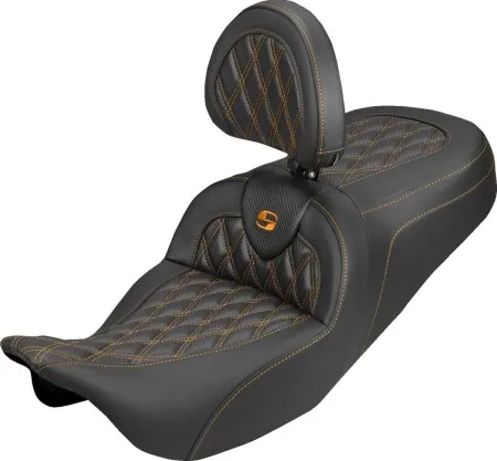 Saddlemen Standard Reach Carbon Fiber Lattice Stitched Roadsofa Seat With Orange Stitching With Drivers Backrest For Harley Davidson 2008-2024 FLHR, FLHT, FLHX & FLTR Touring Models (Does Not Fit 2023-2025 CVO Models) (808-07B-206B3)