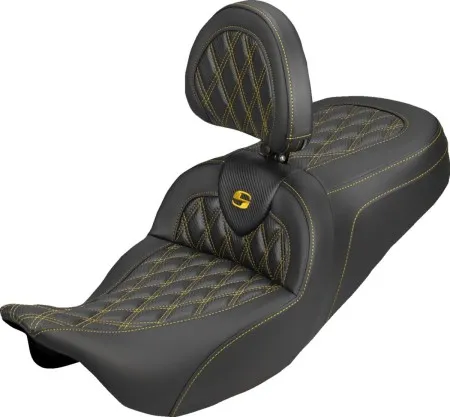 Saddlemen Standard Reach Carbon Fiber Lattice Stitched Roadsofa Seat With Gold Stitching With Drivers Backrest For Harley Davidson 2008-2024 FLHR, FLHT, FLHX & FLTR Touring Models (Does Not Fit 2023-2025 CVO Models) (808-07B-206B7)