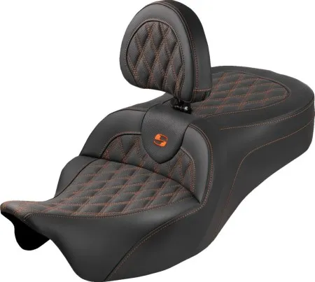 Saddlemen Lattice Stitched Roadsofa King Seat With Drivers Backrest With Orange Stitching For Harley Davidson 2008-2025 FLHR, FLHT, FLHX & FLTR Touring Models (Does Not Fit 2023-2025 CVO Models) (808-07B-182SB3)