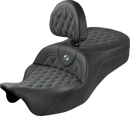 Saddlemen Lattice Stitched Roadsofa King Seat With Drivers Backrest With Silver Stitching For Harley Davidson 2008-2025 FLHR, FLHT, FLHX & FLTR Touring Models (Does Not Fit 2023-2025 CVO Models) (808-07B-182SB5)